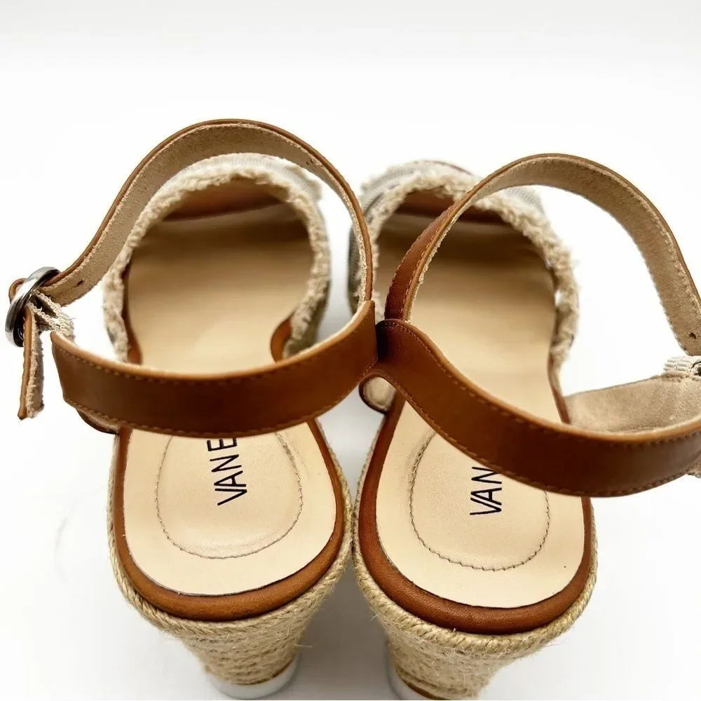 Vaneli Caila Tan Natural Canvas Silver Beaded Espadrille Wedge Boho Sandal 9.5